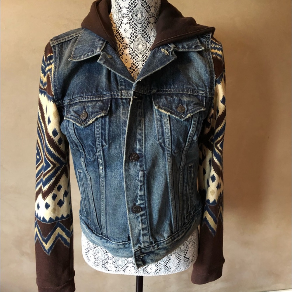 Denim & Supply Ralph Lauren Blue Denim Jacket with Patterned Knit Brown Sleeves